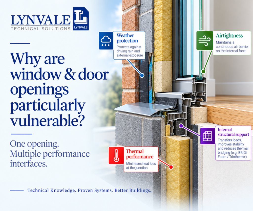 Technical illustration of a window-to-wall junction showing insulation continuity, thermal performance, internal airtightness, structural support and external weather protection.
